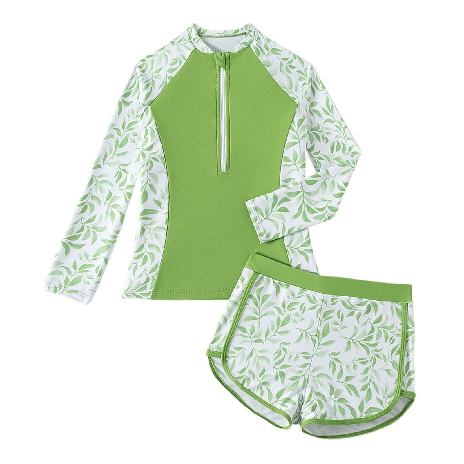 Hiijoy Big Girl's Long Sleeve Zip-Up Rashguard Shorts Swimsuit Bathing Suit Swimwear